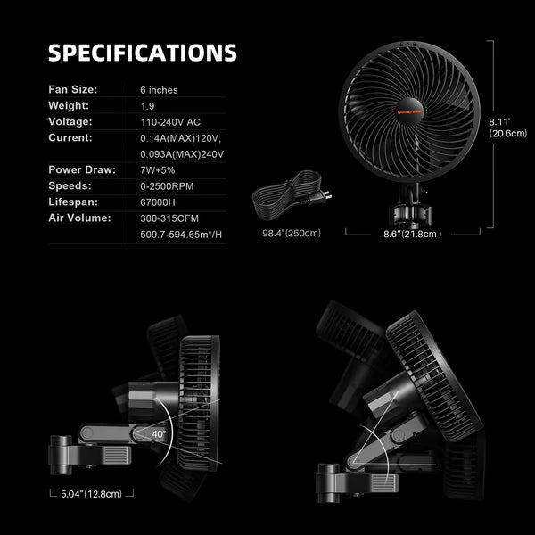 Spider Farmer Smarter Schwenkventilator mit Stangenclip Ø 15 cm 8 Watt
