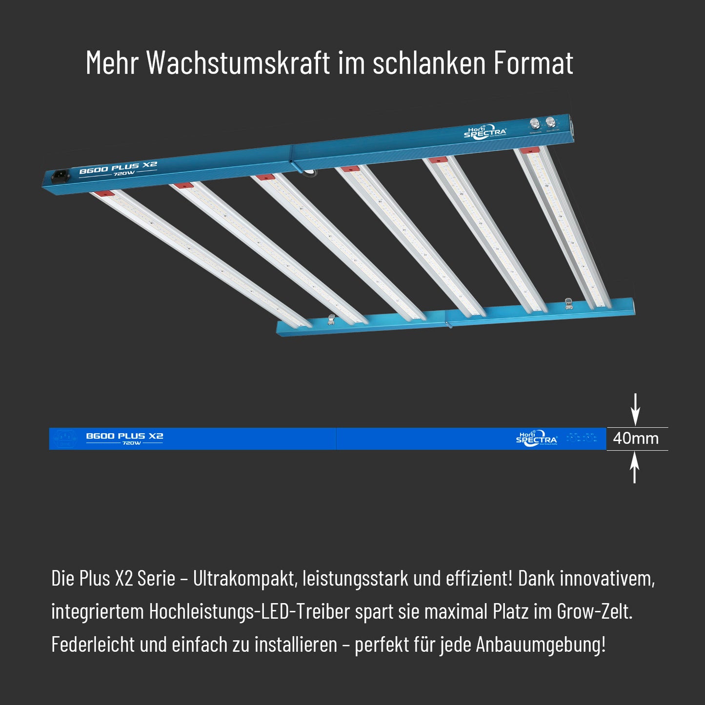 HortiSpectra - B600 Plus X2 720W LED-Pflanzenlampe mit zwei Lichtkanälen für alle Wachstumsphasen