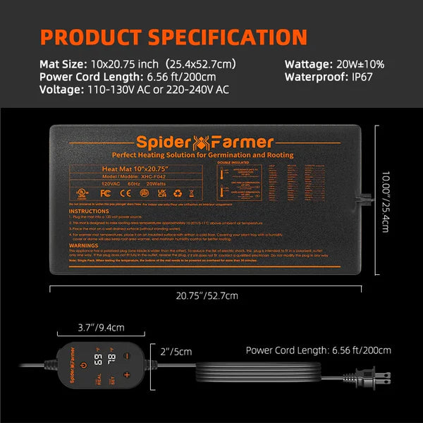 Spider Farmer Heizmatte 52x25 cm mit Thermostat 20 Watt