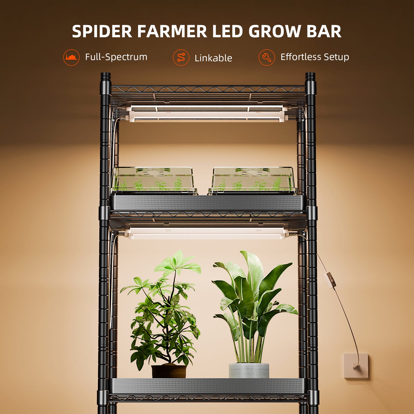 Spider Farmer GlowBar 80W Vollspektrum-LED-Pflanzenlampenstreifen für Zimmerpflanzen, IP65 wasserdicht, 4er-Pack, verkettbar, energieeffizient und einfach zu installieren, ideal für Pflanzenständer und Gewächshäuser