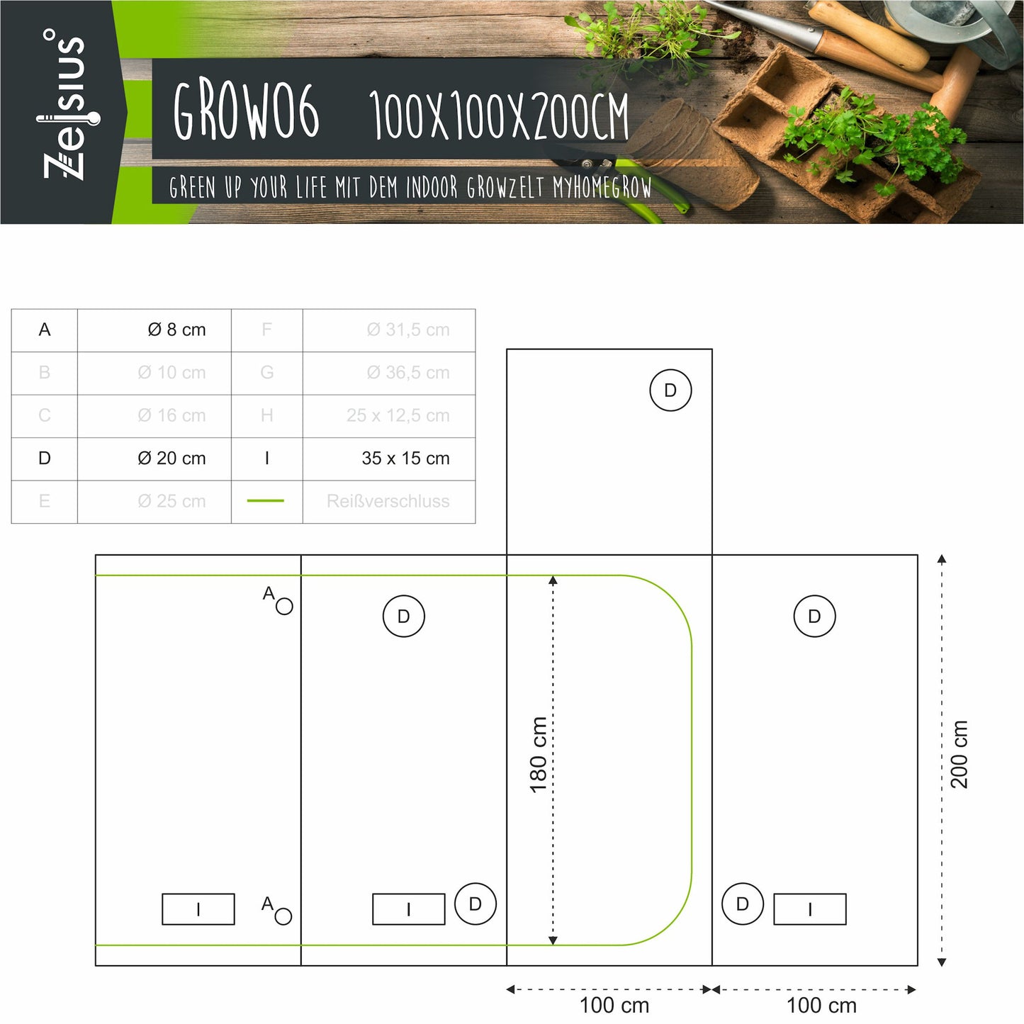 Zelsius Grow Tent 100 x 100 x 200 cm Schwarz/Grün Pflanzenzucht Indoor