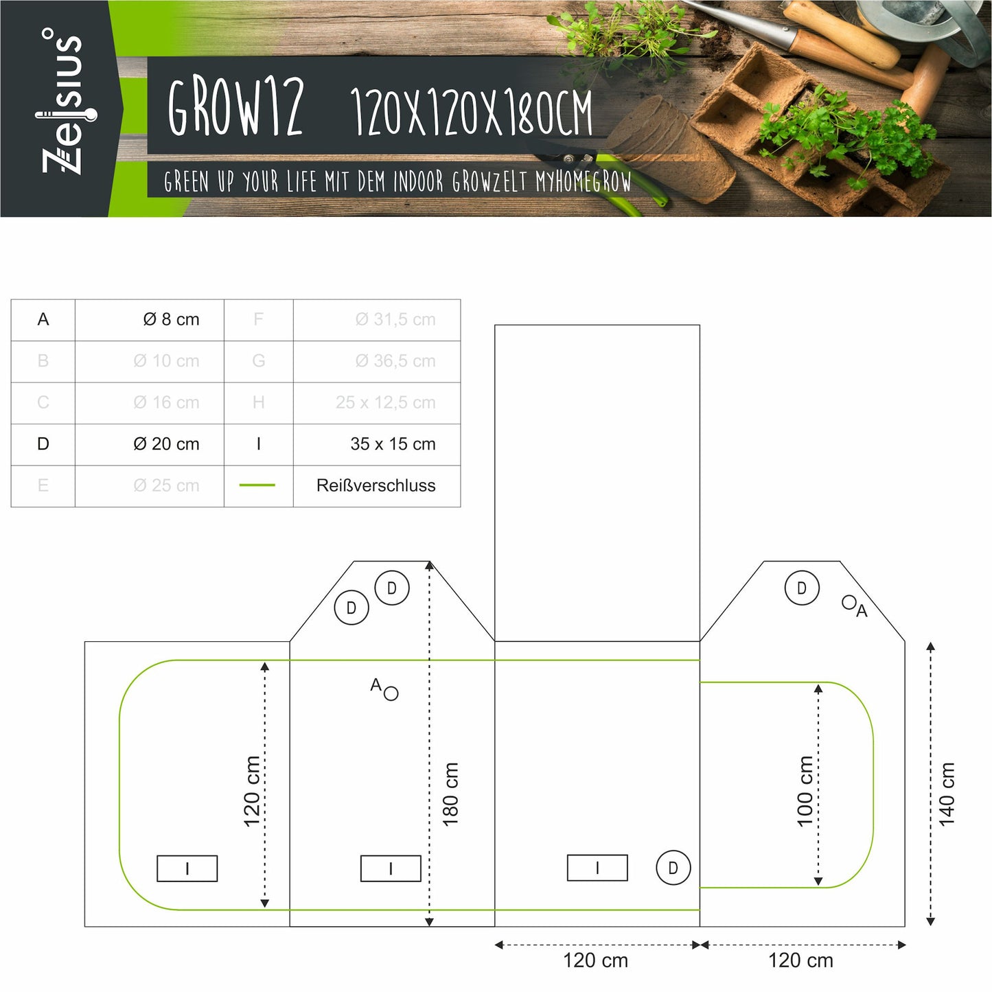 Zelsius Grow Tent 120 x 120 x 180 cm Schwarz/Grün Pflanzenzucht Indoor