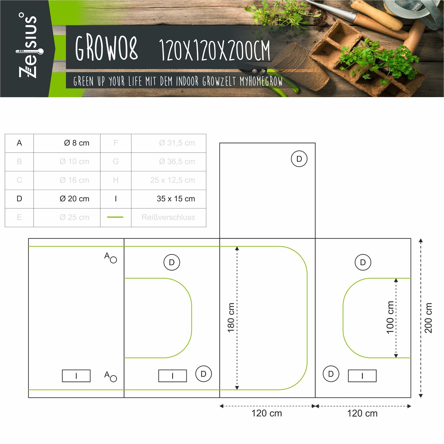 ZELSIUS Grow Tent 120 x 120 x 200 cm Schwarz/Grün Pflanzenzucht Indoor
