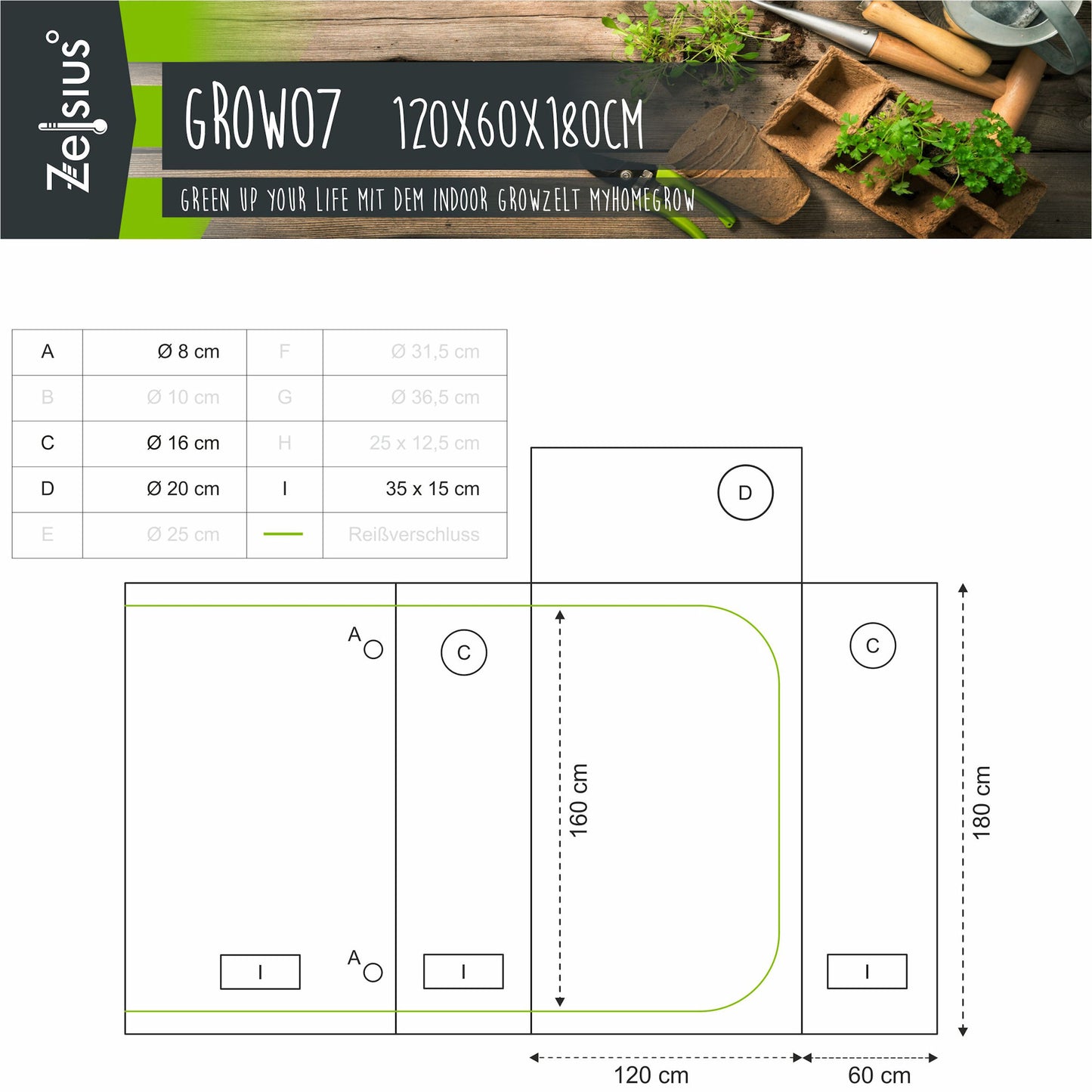 ZELSIUS Grow Tent 120 x 60 x 180 cm Grau/Schwarz