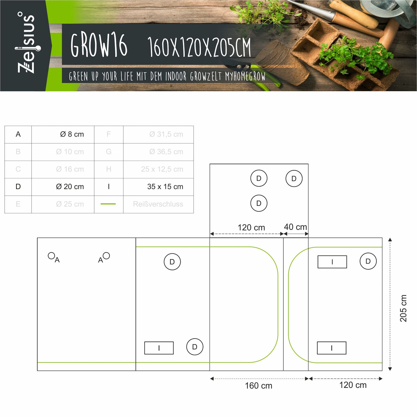 Zelsius Grow Tent 160 x 120 x 205 cm schwarz/grün Pflanzenzucht Indoor