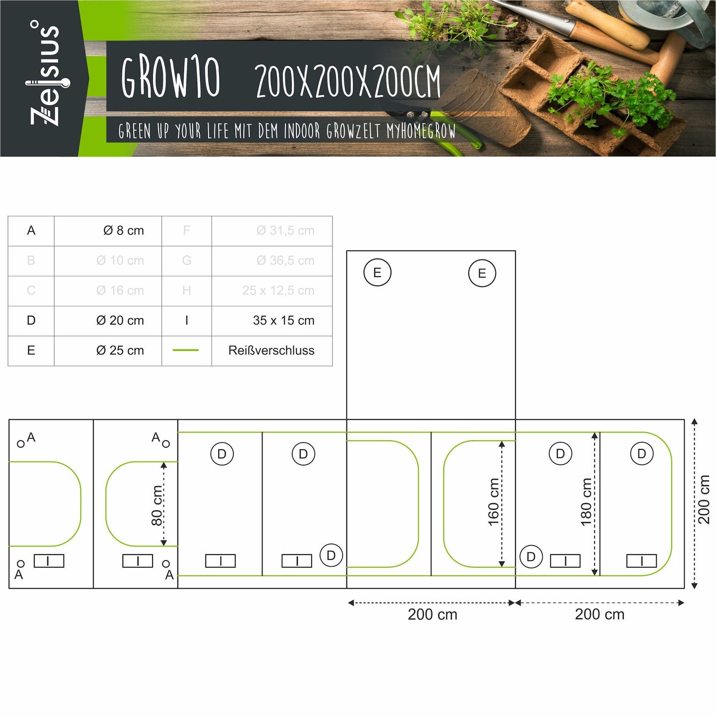 ZELSIUS Grow Tent 200 x 200 x 200 cm Grau/Schwarz Pflanzenzucht Indoor