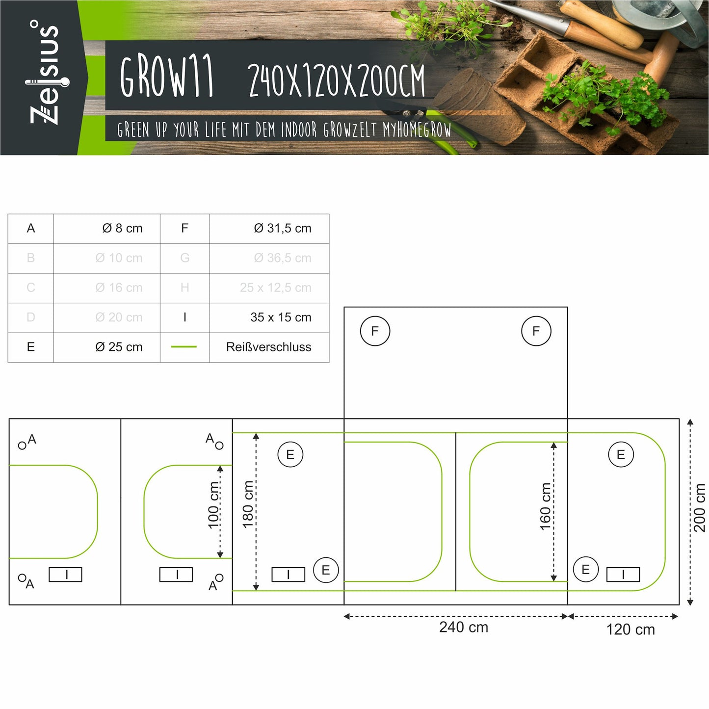 ZELSIUS Grow Tent 240 x 120 x 200 cm Schwarz/Grün Pflanzenzucht Indoor