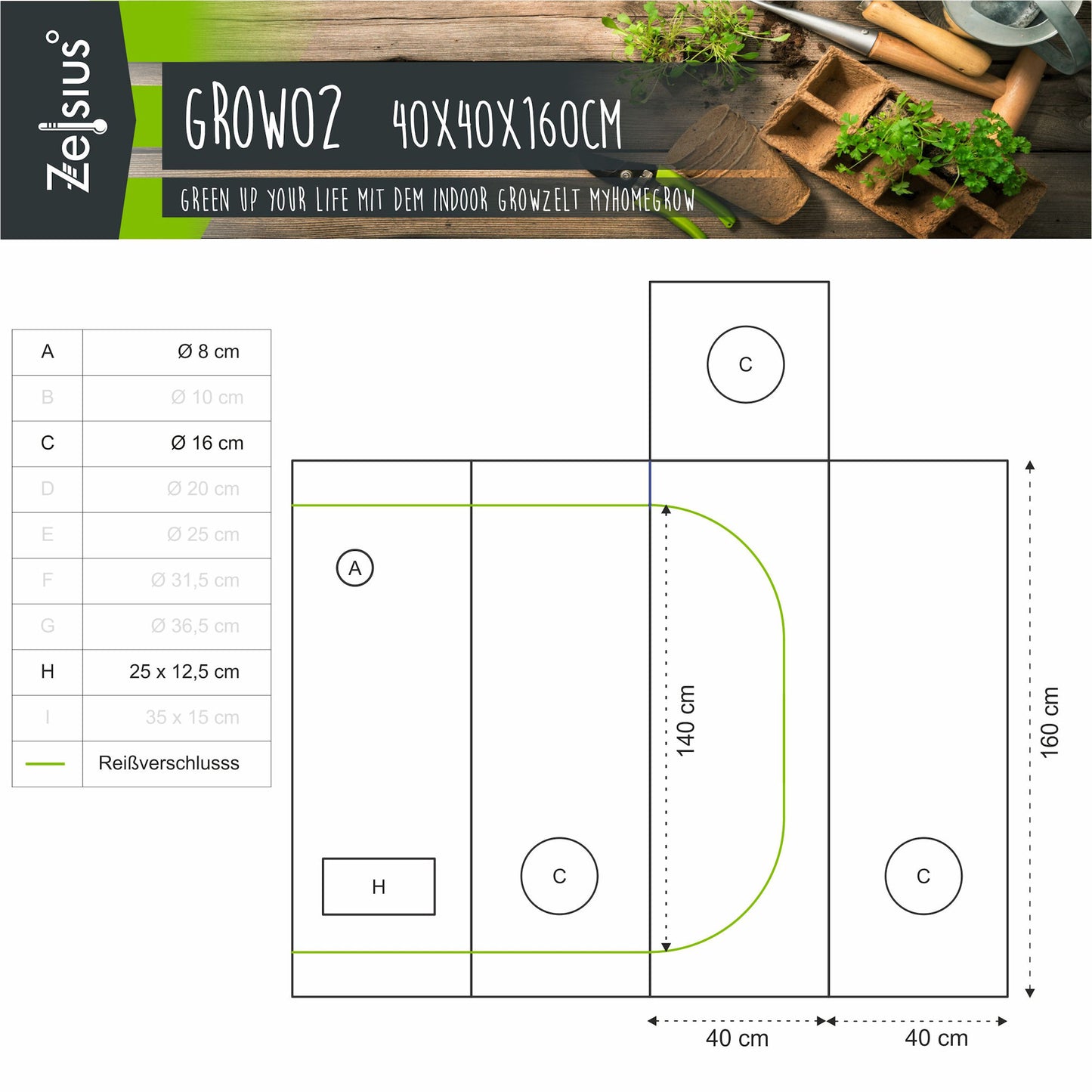 ZELSIUS Grow Tent 60 x 60 x 120 cm Grau/ Schwarz Pflanzenzucht Indoor