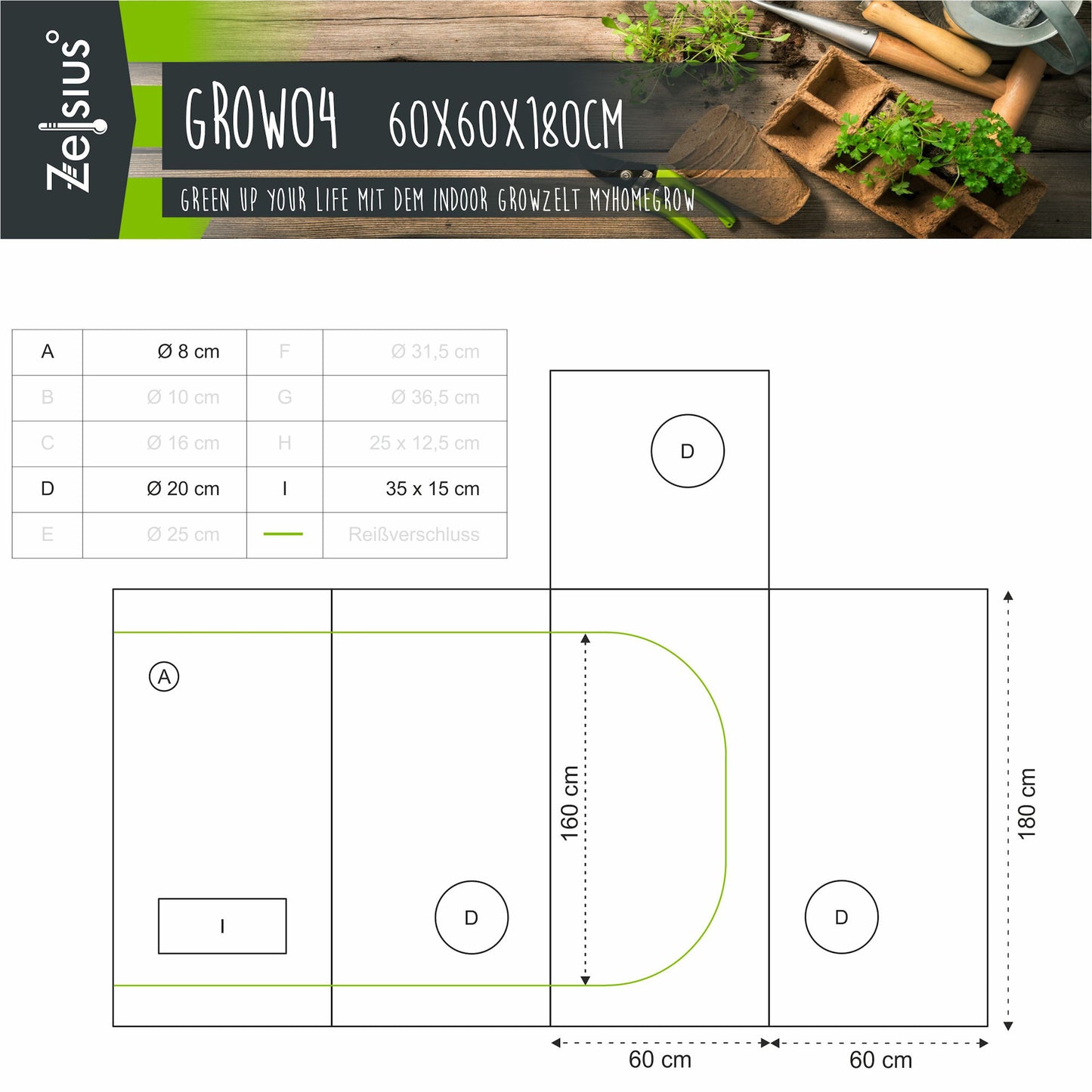 ZELSIUS Grow Tent 60 x 60 x 180 cm Schwarz/Grün Pflanzenzucht Indoor