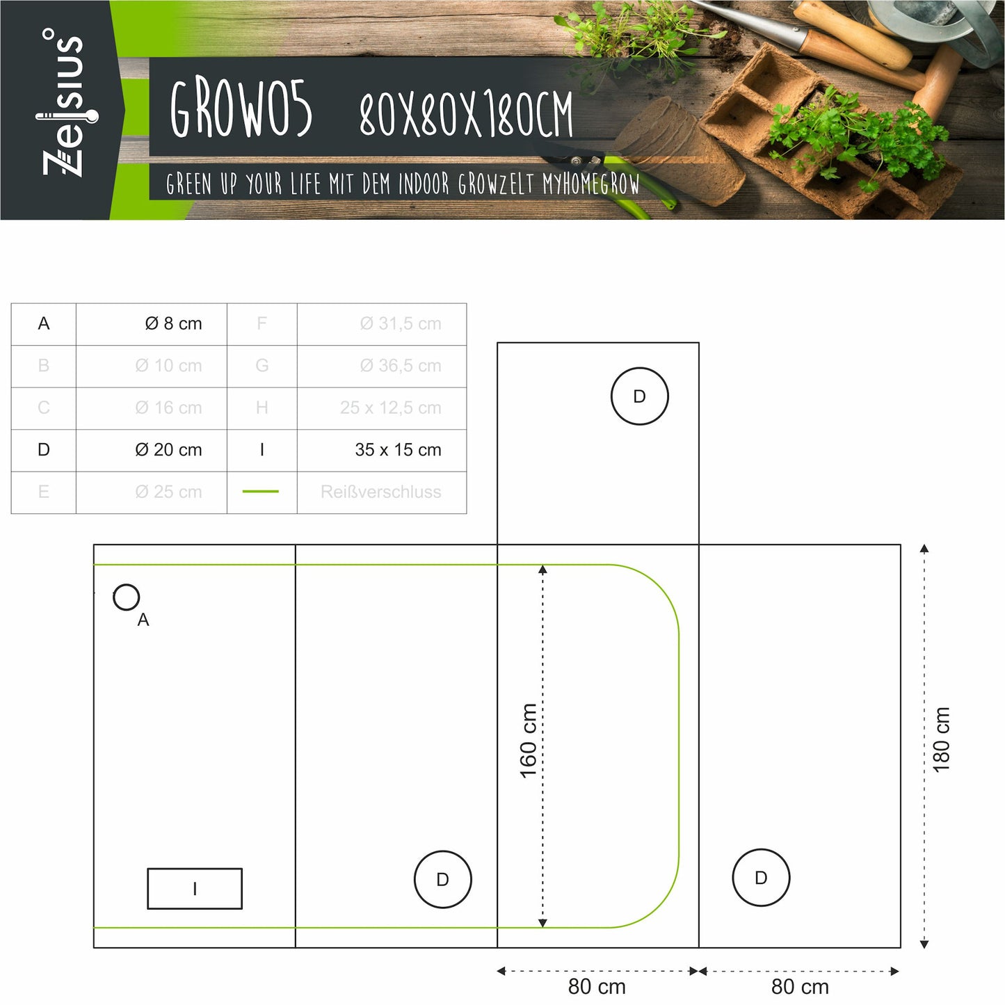 ZELSIUS Grow Tent 80 x 80 x 180 cm Grau/Schwarz Pflanzenzucht Indoor