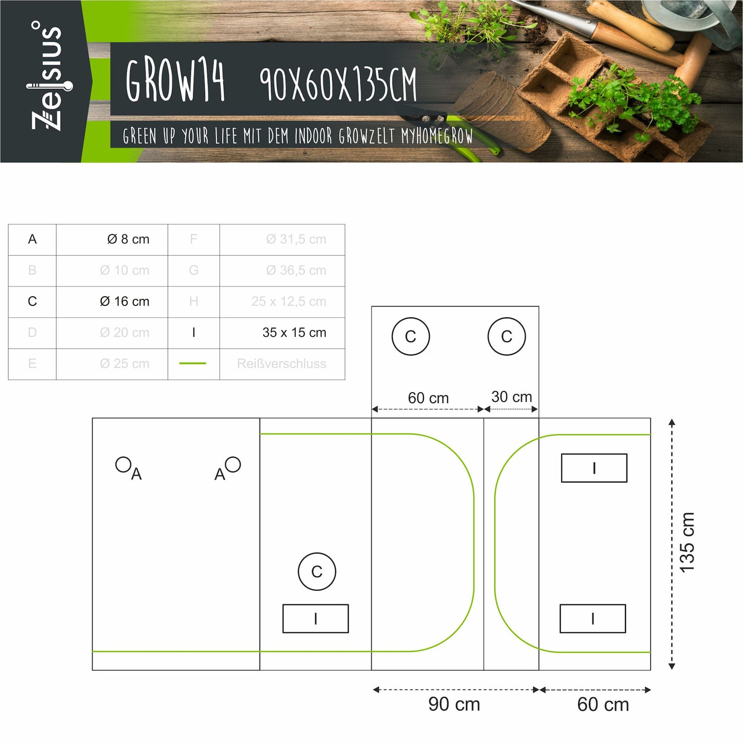 Zelsius Grow Tent 90 x 60 x 135 cm Schwarz/Grün Pflanzenzucht Indoor