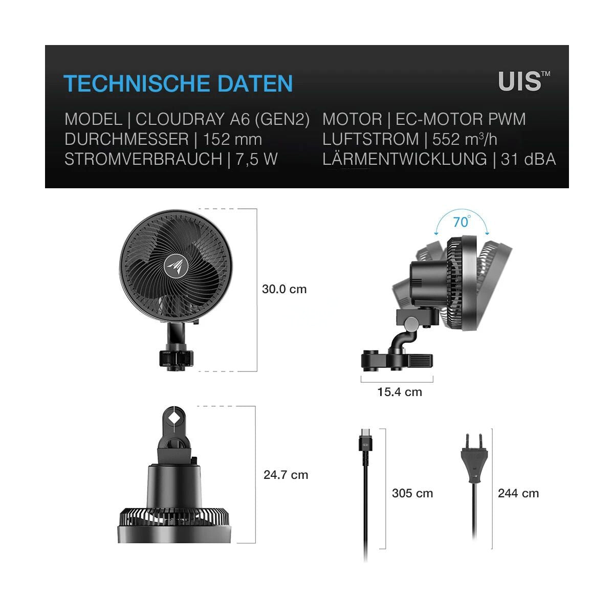 AC Infinity CLOUDRAY A6 manuell schwenkbar