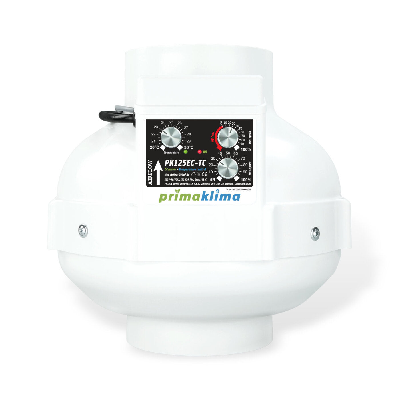 Prima Klima EC-TC Ventilator, mit integrierter Temperatur- und Drehzahlsteuerung, 580-1450m³/h