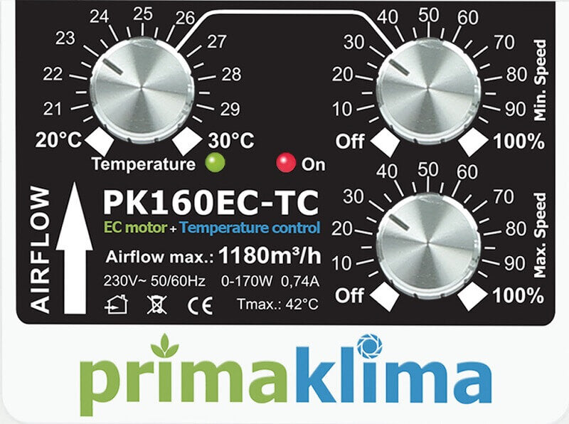 Prima Klima EC-TC Ventilator, mit integrierter Temperatur- und Drehzahlsteuerung, 580-1450m³/h