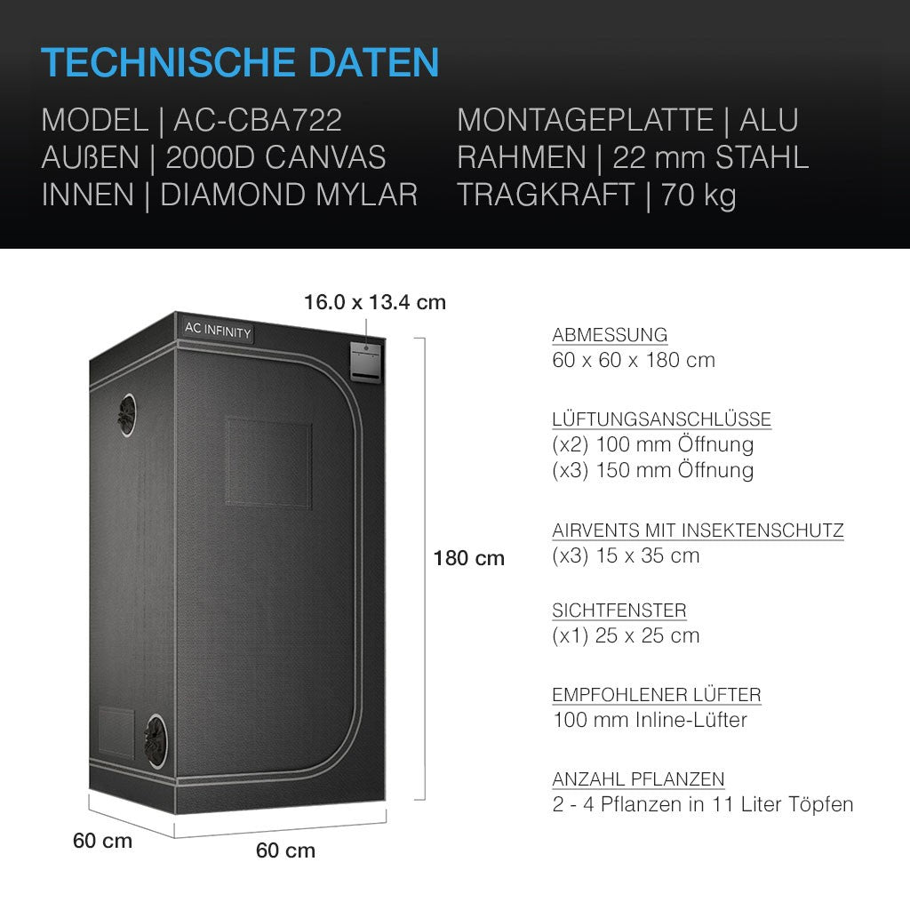 AC Infinity CLOUDLAB 722 (Gen 2), Advance Grow Zelt 60 x 60 x 180 cm, 2000D Diamant-Mylar-Gewebe