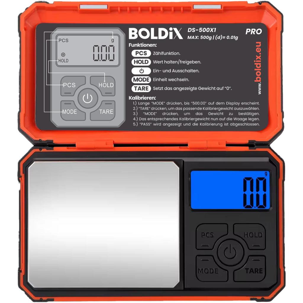 BOLDiX DS-500X1 Feinwaage 0.01g/500g – Digitale Taschenwaage mit Prüfgewicht & Tarierfunktion – Präzise Grammwaage für Küche, Labor & Hobby – Mini-Waage mit Zählfunktion & abnehmbarer Schale
