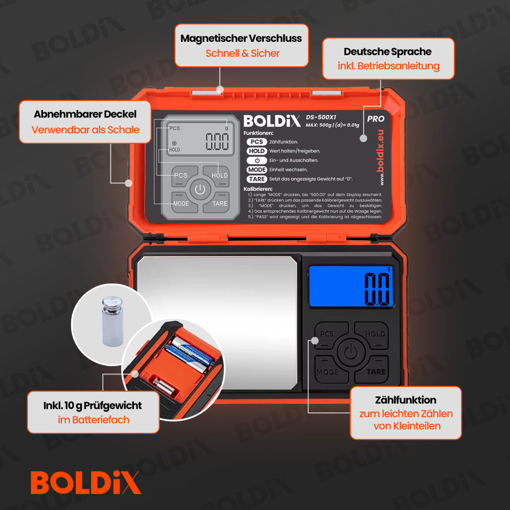 BOLDiX DS-500X1 Feinwaage 0.01g/500g – Digitale Taschenwaage mit Prüfgewicht & Tarierfunktion – Präzise Grammwaage für Küche, Labor & Hobby – Mini-Waage mit Zählfunktion & abnehmbarer Schale