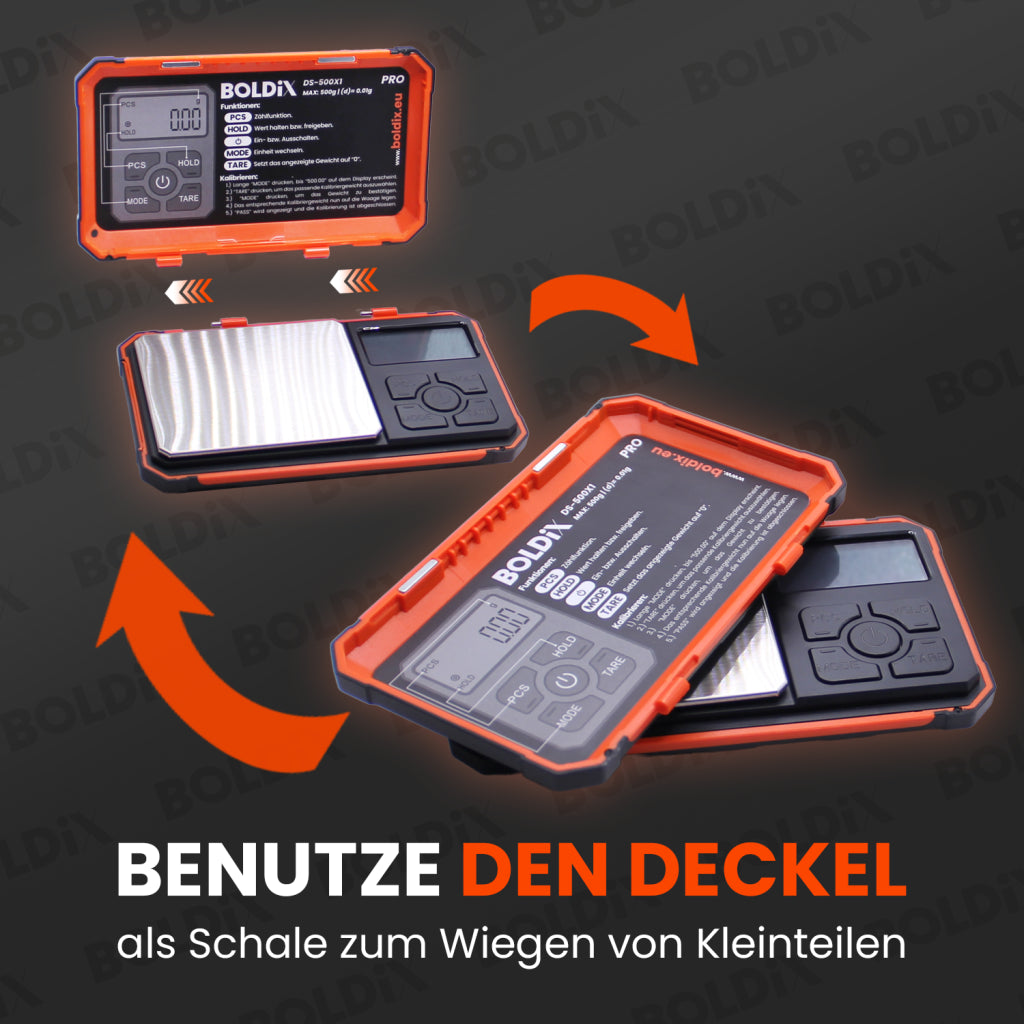 BOLDiX DS-500X1 Feinwaage 0.01g/500g – Digitale Taschenwaage mit Prüfgewicht & Tarierfunktion – Präzise Grammwaage für Küche, Labor & Hobby – Mini-Waage mit Zählfunktion & abnehmbarer Schale
