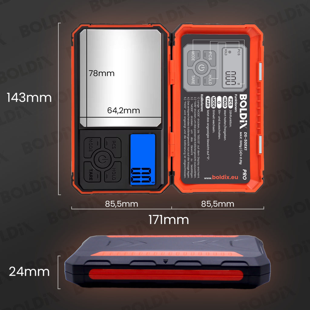 BOLDiX DS-500X1 Feinwaage 0.01g/500g – Digitale Taschenwaage mit Prüfgewicht & Tarierfunktion – Präzise Grammwaage für Küche, Labor & Hobby – Mini-Waage mit Zählfunktion & abnehmbarer Schale