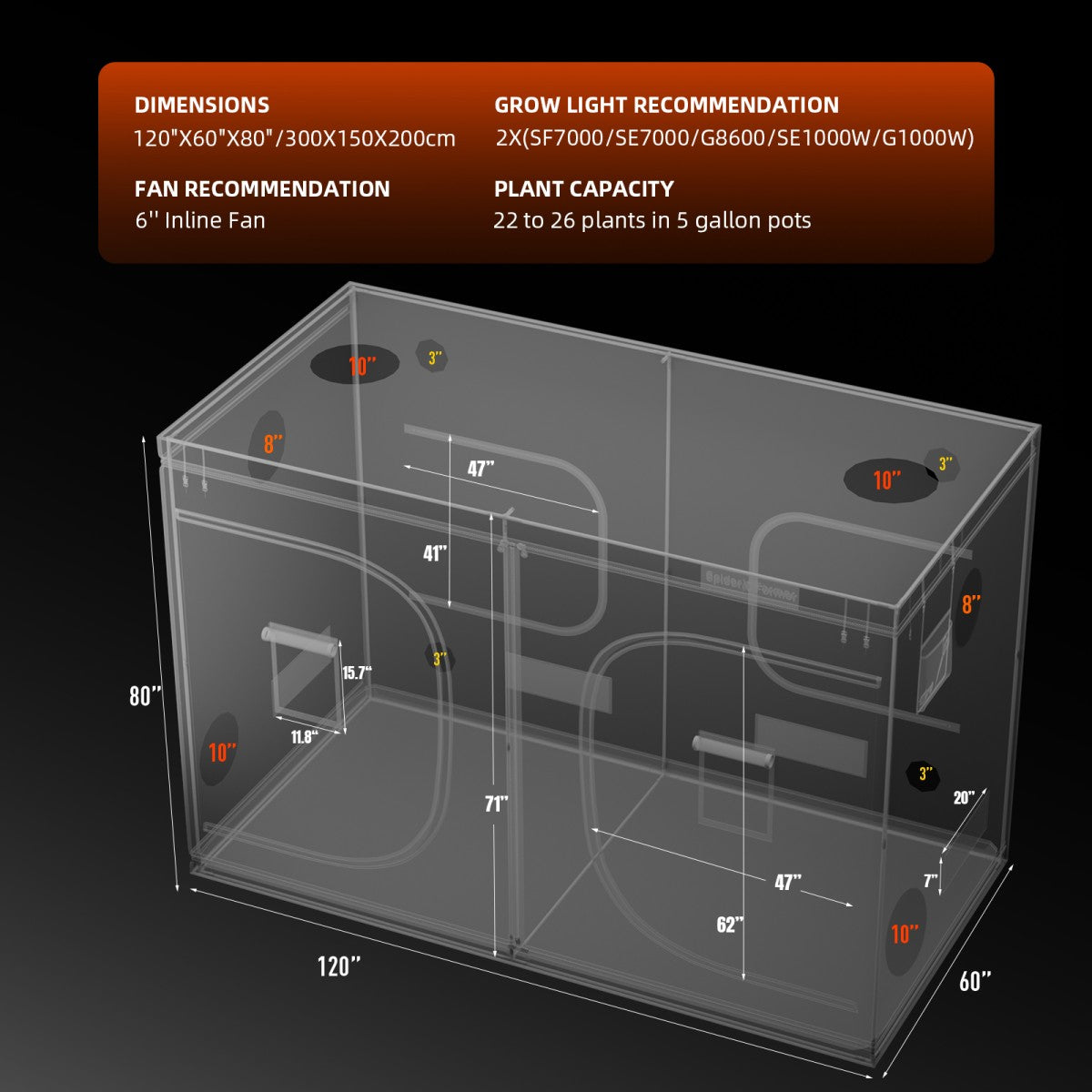 Spider Farmer 300x150x200cm Indoor-Growzelt 1680D Hydroponik-Pflanzenraum für optimales Pflanzenwachstum und Klimakontrolle Growbox