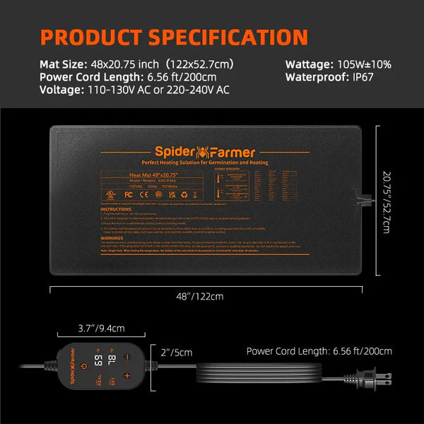 Spider Farmer Heizmatte 121x52 cm mit Thermostat 105 Watt