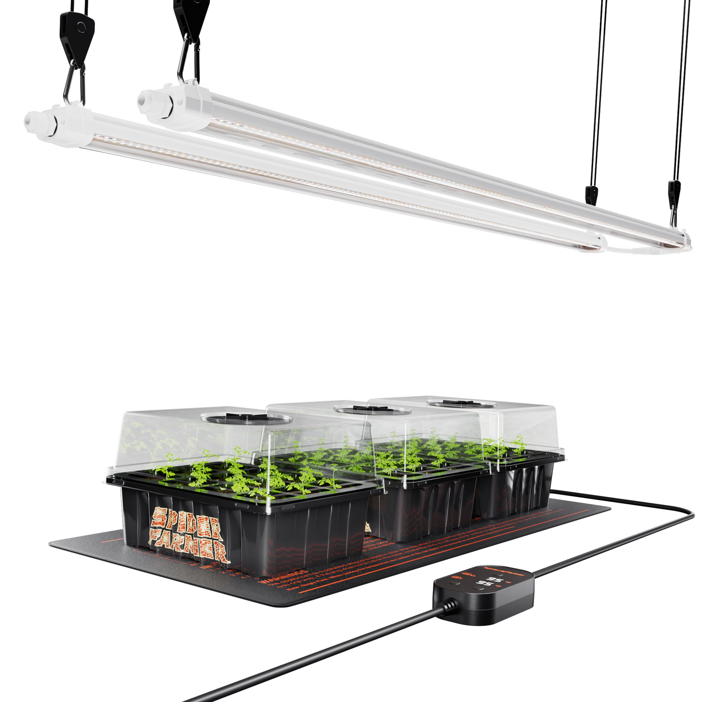 Anfängerfreundlich | Spider Farmer Glow80 80W LED-Pflanzenlampe mit 4 Anzuchtschalen und 52 x 25 cm Anzuchtschale mit Heizmatte für Sämlinge