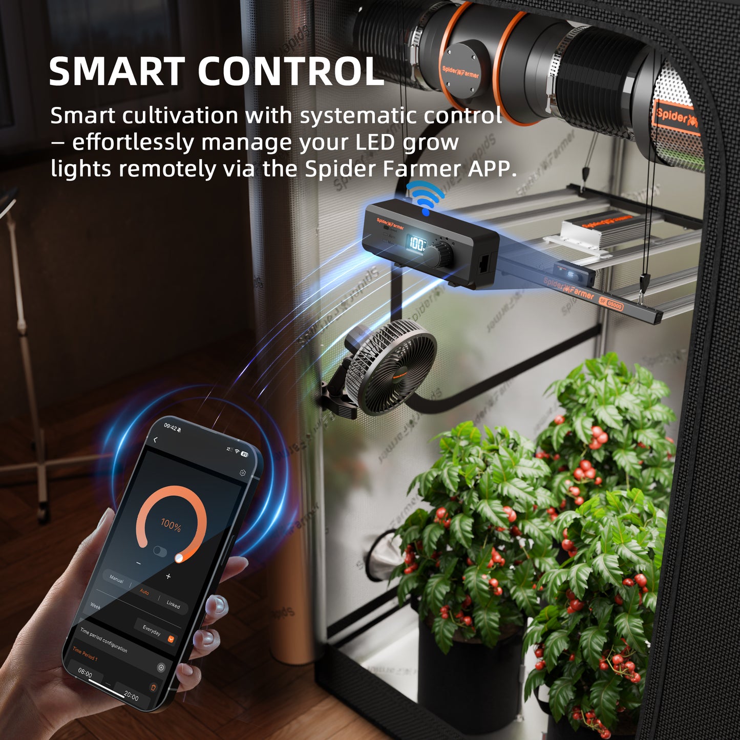 Spider Farmer® G3000 300W WLAN- und Bluetooth-gesteuerte LED-Pflanzenlampe mit Vollspektrum, dimmbar, für Growzelte von 60x60cm bis 90x90cm