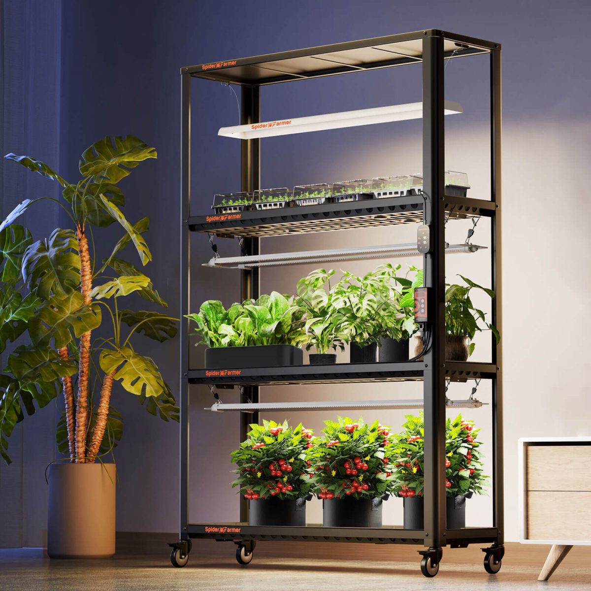 Spider Farmer Glow80 80W LED-Pflanzenlampe, Vollspektrum, wasserdicht, verkettbar, für Sämlinge, Wachstumsphasen, Blüten und Hydrokultur, inklusive GGS AC5 Steckdosenleiste