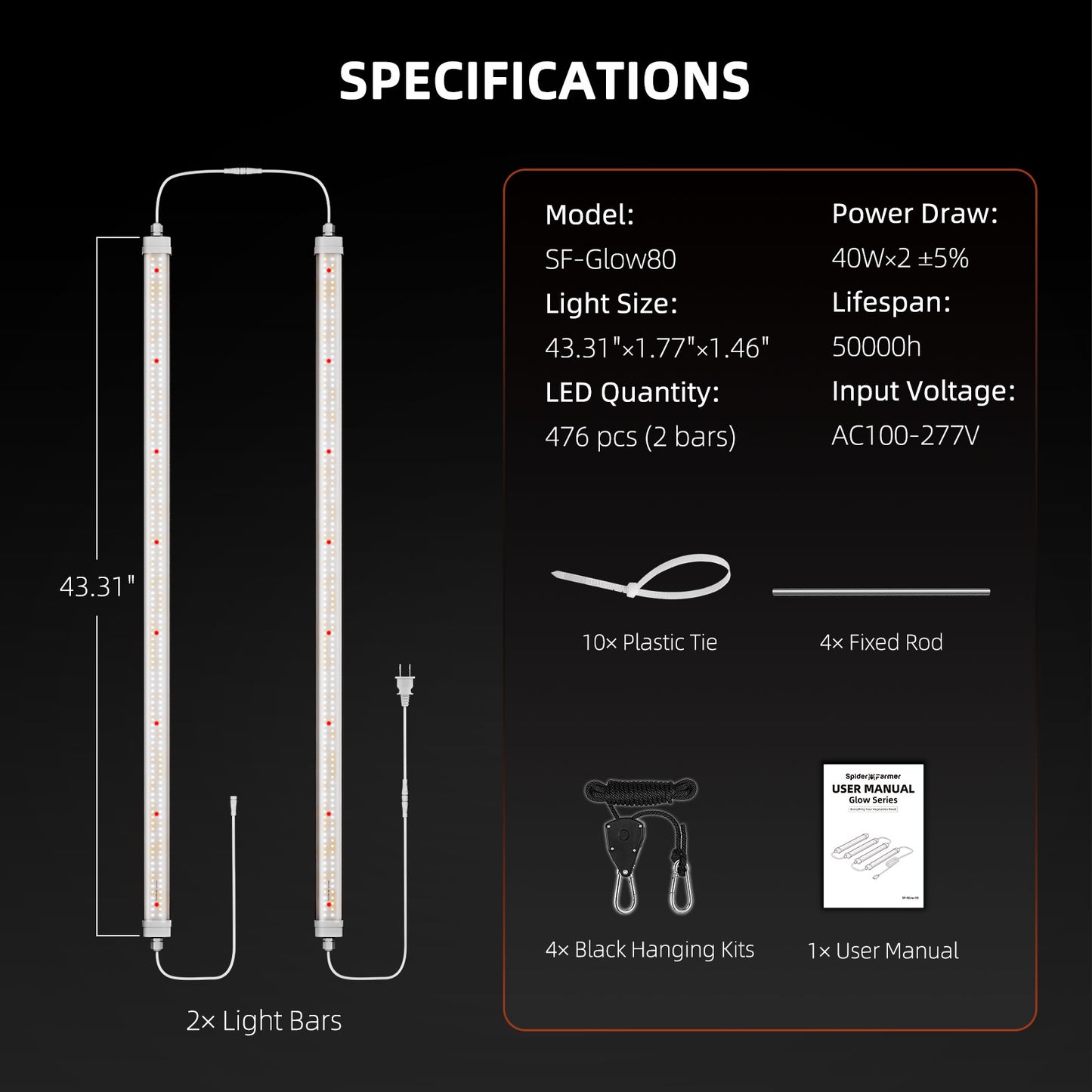 Spider Farmer® Glow80 80W LED-Pflanzenlampenleisten (2026), Vollspektrum, IP65 wasserdicht, mehrere Lampen koppelbar, für Zimmerpflanzen, Sukkulenten, Stecklinge, Wachstums- und Blütephase.