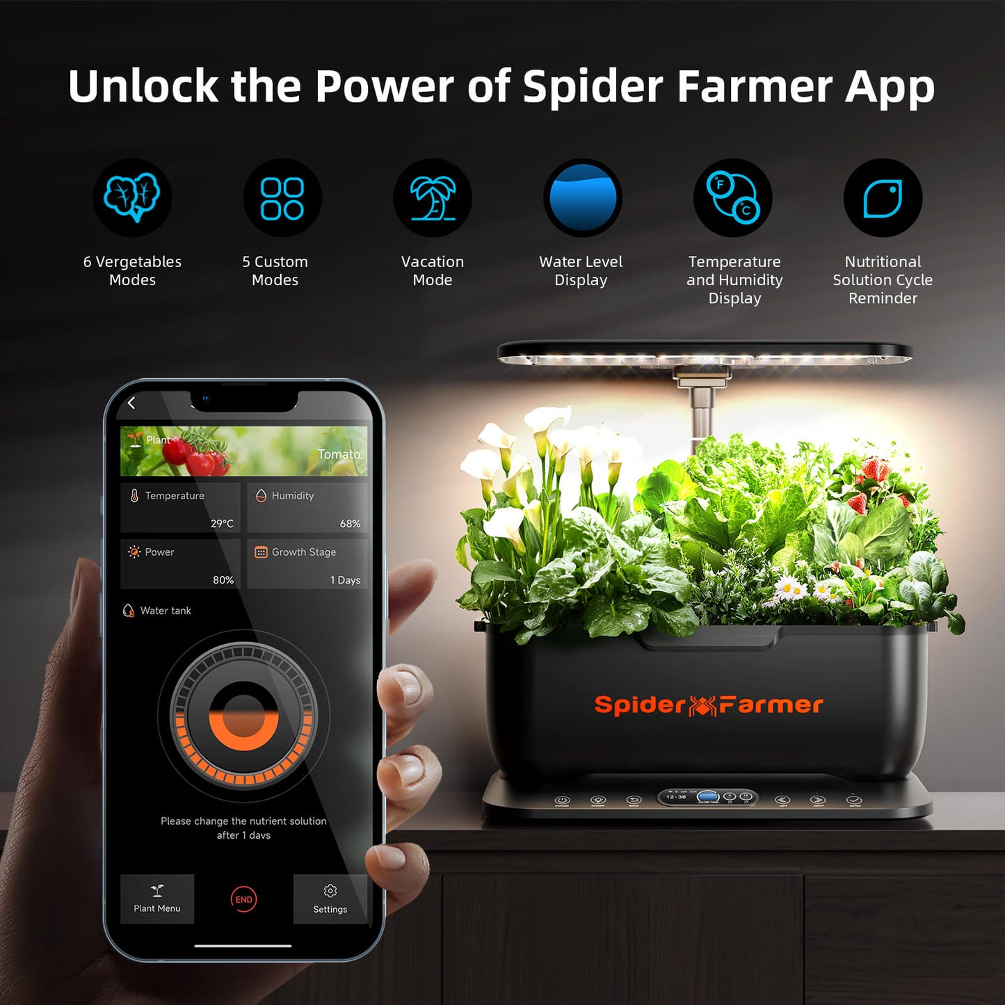 Spider Farmer SmartG12 Hydroponik-Gartensystem-Set (2026) | Hydroponik-System-Set – WLAN- und App-gesteuerter Kräutergarten für den Innenbereich mit 36-W-Pflanzenlampe, 12 Pflanzkapseln und 6-Liter-Tank