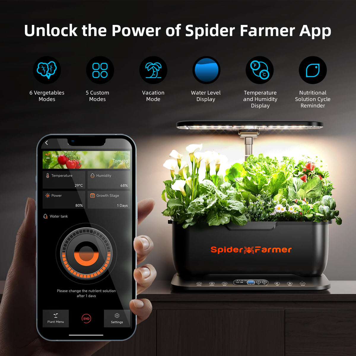 Spider Farmer SmartG12 Hydroponik-Gartensystem-Set (2026) | Hydroponik-System-Set – WLAN- und App-gesteuerter Kräutergarten für den Innenbereich mit 36-W-Pflanzenlampe, 12 Pflanzkapseln und 6-Liter-Tank