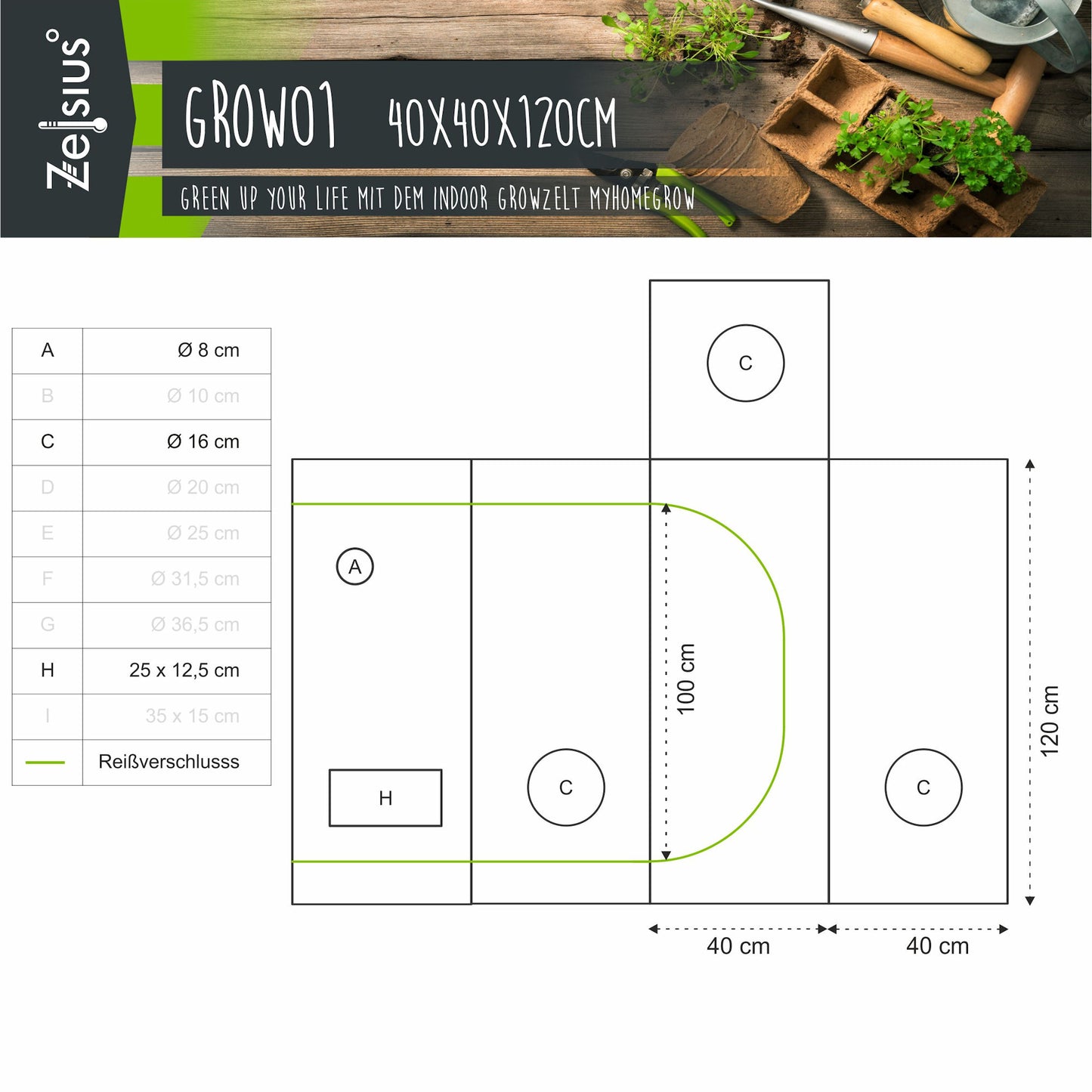 ZELSIUS Grow Tent 40 x 40 x 120 cm Schwarz/Grün Pflanzenzucht Indoor