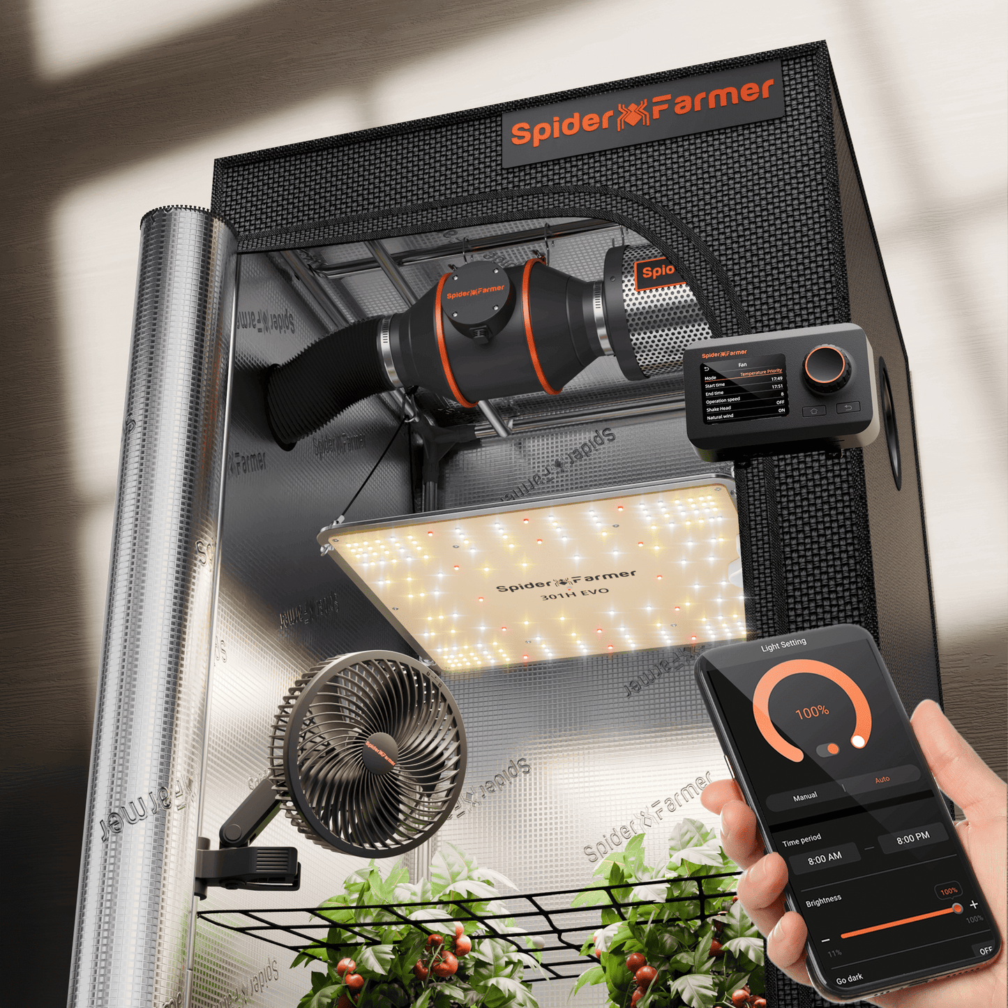 Spider Farmer® 90x90cm Komplett-Growzelt-Sets | G3000 WLAN- und Bluetooth-App-gesteuerte LED-Pflanzenlampe | 6-Zoll-Clip-Ventilator | 4-Zoll-Belüftungssystem mit GGS-Controller