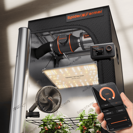 Spider Farmer® 70x70x160cm Komplettes Growzelt-Set | SF1000 301H EVO Vollspektrum-LED-Pflanzenlampe | 15 cm Clip-Ventilator | 10 cm Belüftungssystem mit Smart-App-Steuerung (GGS)