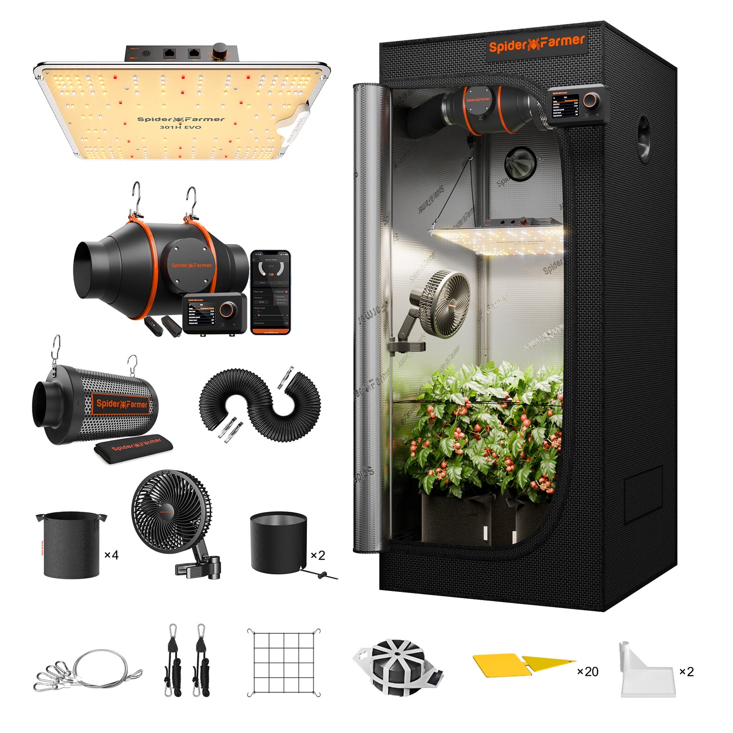 Spider Farmer® 120x60x180cm Komplettes Growzelt-Set | SF2000 301H EVO Vollspektrum-LED-Pflanzenlampe | 15 cm Clip-Ventilator | 10 cm Belüftungssystem mit Smart-App-Steuerung (GGS)